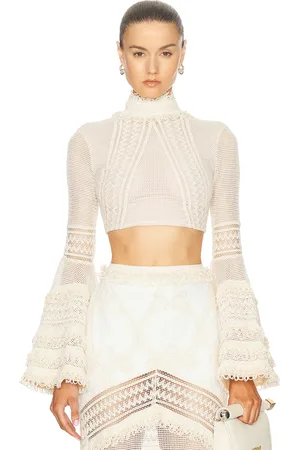 PATBO Woven Bell Sleeve Cropped Top in - Cream. Size 0 (also in ).
