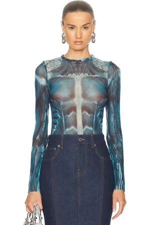 Jean Paul Gaultier Ecorche Mesh Printed Long Sleeve Top in Blue Light Blue & White - Blue. Size S (also in XS).