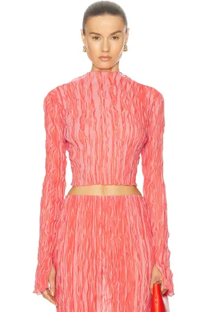 LAPOINTE Pleated Georgette Long Sleeve High Neck Top in - Coral. Size M (also in ).