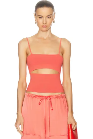 LAPOINTE Crepe Matte Viscose Front Slit Top in - Coral. Size M (also in S, XS).