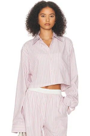 Helsa Wide Stripe Poplin Cropped Shirt in - Mauve. Size L (also in M, S, XL, XS).