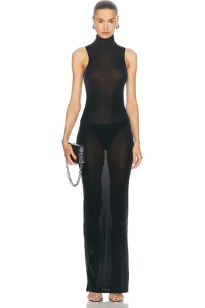 PRISCAVera Velvet Mesh Turtleneck Maxi Dress in - Black. Size L (also in M, S).