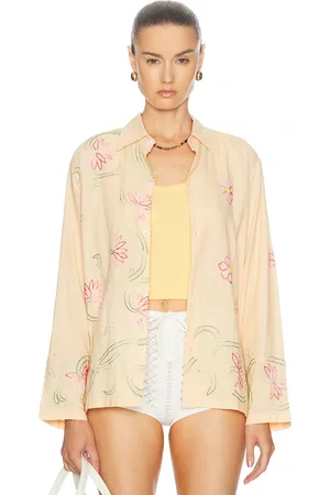 HARAGO Floral Embroidered Shirt in - Yellow. Size XL/1X (also in ).