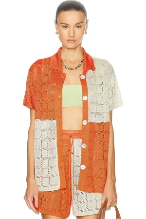 Calle Del Mar For Fwrd Two Tone Short Sleeve Patchwork Shirt in - Orange. Size L (also in S).