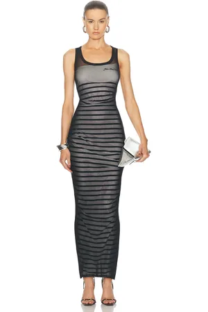 Jean Paul Gaultier Ribbed Mariniere Mesh Layer Long Dress in Navy White & Black - Navy. Size M (also in S).