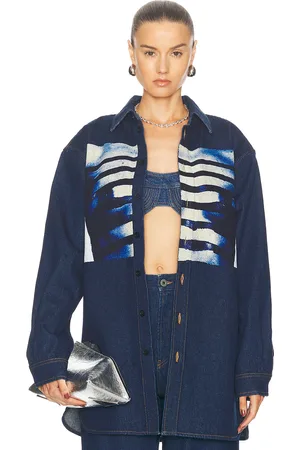 Jean Paul Gaultier Body Mariniere Denim Printed Shirt in Indigo Light Blue & Black - Denim-Dark. Size M (also in S, XS).