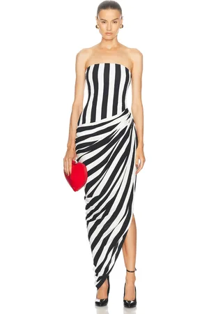 Balmain Bustier Stripe Draped Jersey Long Slit Dress in - Black. Size 38 (also in ).