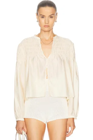 Frame Smocked Collarless Blouse in - Ivory. Size XL (also in ).