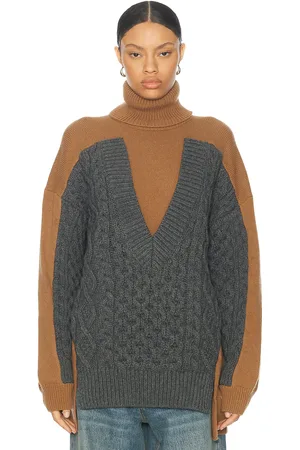 Stella McCartney Oversized Paneled Cable Turtleneck Sweater in - Brown. Size L (also in M, XS).