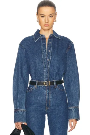 GRLFRND Mae Oversized Button Down in - Denim-Medium. Size XL (also in ).
