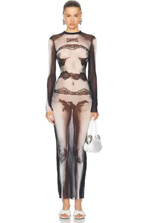 Jean Paul Gaultier Body Lace Mariniere Long Dress in Black Grey & White - Black. Size L (also in S, XS).