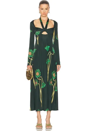 JOHANNA ORTIZ Paisaje Lejano Ankle Dress in Papaver Somniferum Green Yellow & Peach - Dark Green. Size 2 (also in 4, 6, 8).
