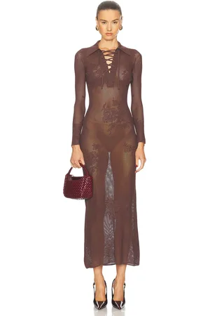FLEUR DU MAL Lace Pointelle Maxi Dress in - Brown. Size M (also in S, XS).