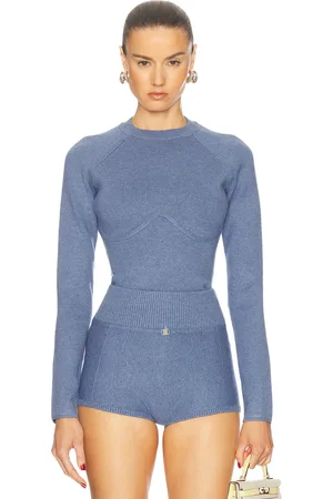 FLEUR DU MAL Knit Underbust Long Sleeve Top in - Blue. Size L (also in S, XS).