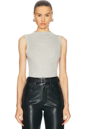 ENZA COSTA Silk Sweater Rib Sleeveless Mockneck Top in - Grey. Size L (also in M, XL, XS).