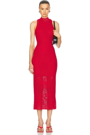 FLEUR DU MAL Lace Pointelle Knit Racer Dress in - Red. Size L (also in M, S).