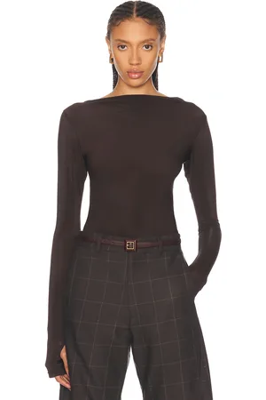 MIMCHIK Boat Neck Draped Top in - Chocolate. Size 6 (also in ).