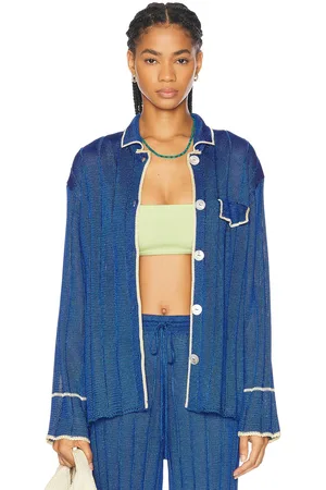 Calle Del Mar Wide Rib Long Sleeve Pajama Shirt in - Blue. Size L (also in M, S).