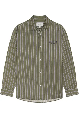 Carhartt Longsleeve Signature Shirt in Betz Stripe Office Green & Aura Stone Washed - Green. Size L (also in XL/1X).