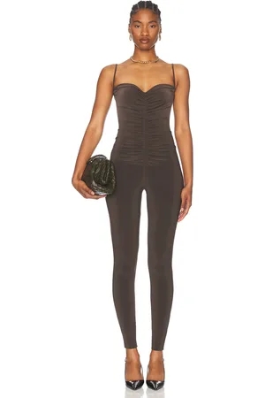Norma Kamali Strapless Shirred Front Catsuit in - Chocolate. Size L (also in M, S, XL, XS).