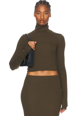 ÉTERNE Cropped Fitted Turtleneck Top in - Army. Size L (also in XL, XS).