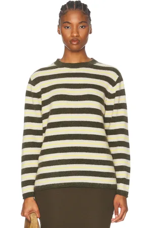 THE ELDER STATESMAN Sinful Stripe Crew Neck Sweater in Olive White & New Yellow - Dark Green. Size S (also in XS).