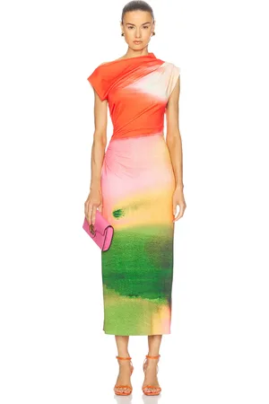 Oscar de la Renta Draped Midi Dress in - Orange,Green. Size 0 (also in 2, 4).