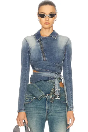 Y / PROJECT Wrap Fitted Denim Jacket in - Denim-Medium. Size M (also in S, XS).