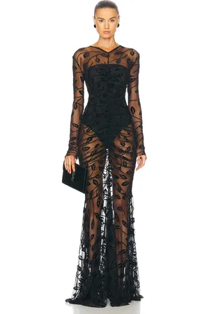 Norma Kamali Long Sleeve V Neck Shirred Front Fishtail Gown in - Black. Size XS (also in ).