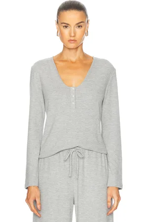 Leset Lauren V Neck Henley Top in - Grey. Size L (also in M, S, XL, XS).
