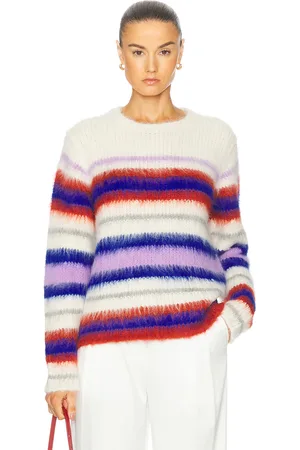 THE ELDER STATESMAN Thistle Vineyard Stripe Crew Neck Sweater in Ivory Persimmon Sapphire Anemone & Light Grey - Cream,Blue. Size L (also in M, S
