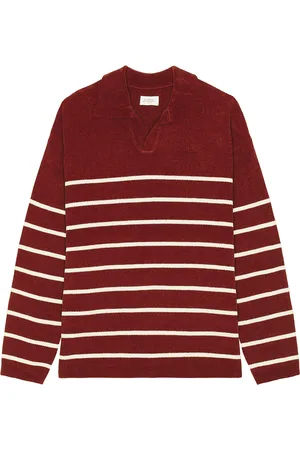 Saturdays NYC Mole Yarn Stripe Skipper Knit Polo in - Red. Size L (also in M, S, XL/1X).