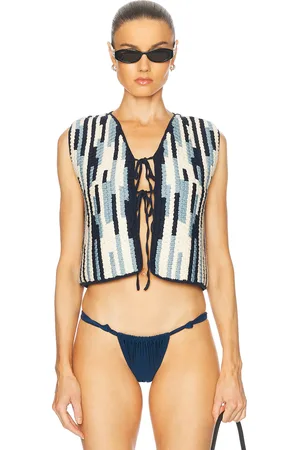 Escvdo Anadara Crochet Vest in Light Blue Navy & Ivory - Navy, White. Size L (also in M, S, XS).