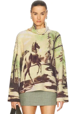 MONSE Horse Print Chunky Rib Knit Sweater in - Green. Size L (also in M, S).