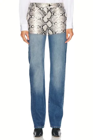 BRANDON MAXWELL The Wyatt Straight Leg in Medium Indigo Black & White - Blue. Size 24 (also in ).