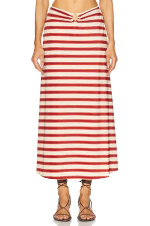 JOHANNA ORTIZ Breath Of Life Midi Skirt in Swim Tie Dye Lines Ecru & Red - Red. Size 4 (also in 6).