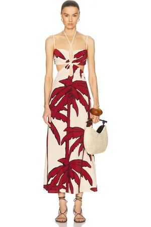 JOHANNA ORTIZ Cory Reefs Ankle Dress in Salty Palms Ecru & Red - Red. Size L (also in M).