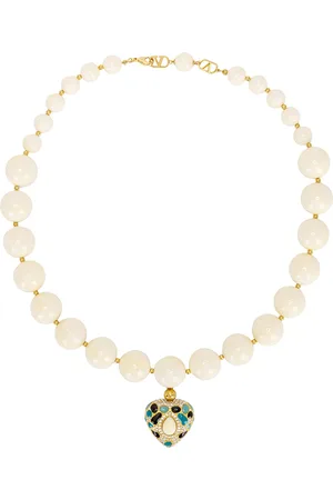 VALENTINO GARAVANI Cuore Necklace in Antique Brass Turch Bianco Crystal & Avorio - Metallic Gold. Size all.