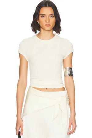 ENZA COSTA Puckered Cap Sleeve Tee in - Cream. Size L (also in M, S, XS).