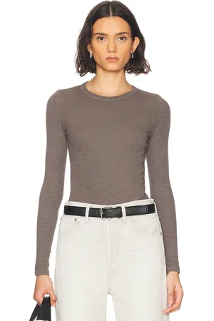 ENZA COSTA Textured Rib Long Sleeve Crewneck Top in - Taupe. Size XS (also in ).