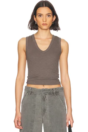 ENZA COSTA Textured Rib Sleeveless U Tank Top in - Taupe. Size L (also in M, S, XL, XS).