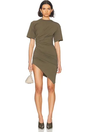 MUGLER Ruched Mini Dress in - Olive. Size 36 (also in 38).
