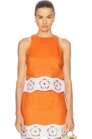 Staud Mika Linen Top in - Orange. Size L (also in S, XL, XS).