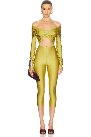The Andamane Kendall Off Shoulder Capri Jumpsuit in - Green. Size L (also in M, S, XS).