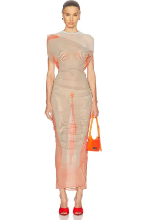 Jean Paul Gaultier Pinstripe Body Morphing Long Dress in - Coral. Size L (also in M, XL, XS).