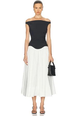 Simkhai Cersei Off Shoulder Midi Dress in White Black Multi in - Black,White. Size 2 (also in 4, 6, 8).