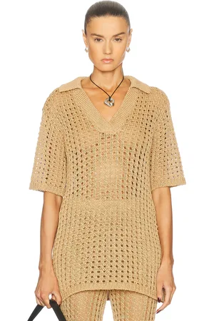 SIMON MILLER Brisas Crochet Polo Top in - Neutral. Size L (also in S, XS).