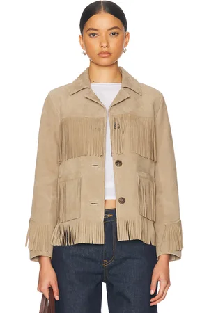 GRLFRND Joni Suede Fringe Jacket in - Beige. Size L (also in M, S, XS, XXS).