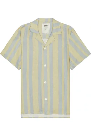 Oas Mist Strata Cuban Linen Shirt in - Blue,Yellow. Size L (also in M, XL/1X).