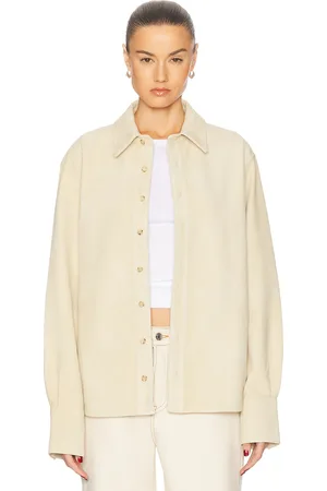 GRLFRND Mae Suede Shirt in - Beige. Size L (also in M, S, XL, XS, XXS).